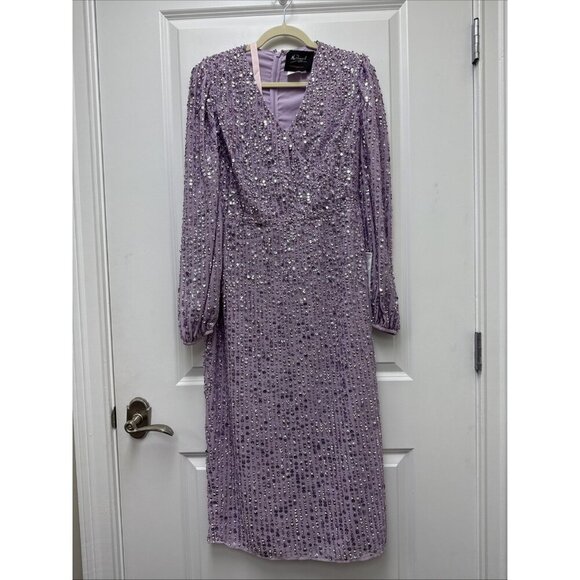 Mac Duggal Size 8 Purple 107641 Sequined Puff Sleeve V Neck Midi Cocktail Dress - Picture 6 of 12